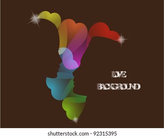 Lovers silhouette on hearts background