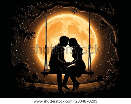 Lovers silhouette on swing with moon vector night scene illustration.