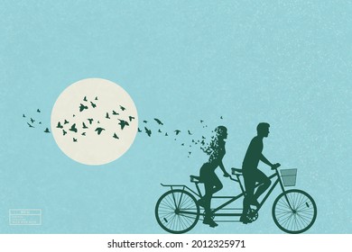 Lovers silhouette. People on bike and flying bird. Death and afterlife