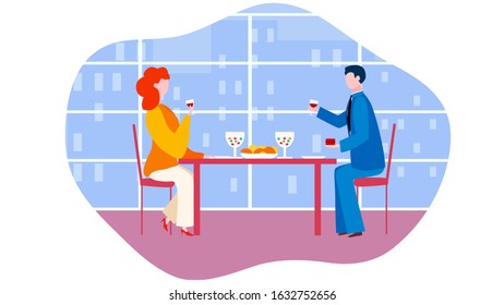 Lovers sit in a cafe, drink wine, a man gives a woman a ring, offers to get married, there are houses outside the window, evening. Vector illustration.