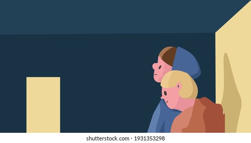 Lovers sit in a dark room, light falls on them and a shadow is created from behind in sweaters with capes, and wait
