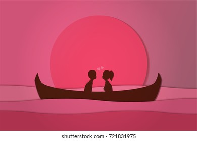 Lovers sit on a boat in the middle of the sea and have a sunset , paper art couple honeymoon , valentine day date , vector illustration