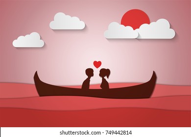 Lovers sit on a boat in the middle of the sea and have a sunset , paper art couple honeymoon , valentine day date , vector illustration