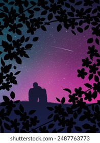 Lovers sit on hill. Falling star at night. Frame of leaves and flowers