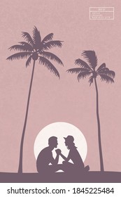 Amantes sentados en la playa. Silueta de dos. Personas enamoradas