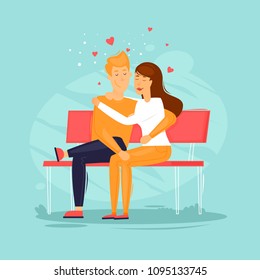 Lovers are sitting on the bench embracing. Flat design vector illustration.