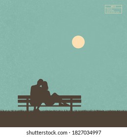 Lovers Sitting On Bench. Loving Couple Vector Silhouette