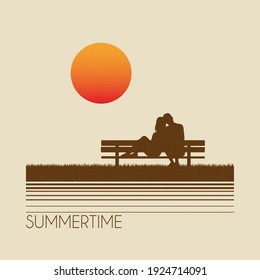 Lovers sitting on bench. Loving couple silhouette. Beige background