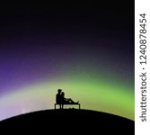 Lovers sitting on bench in park at night. Vector illustration with silhouette of loving couple. Northern lights in starry sky. Colorful aurora borealis