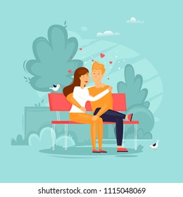 Lovers are sitting on a bench in the park. Flat design vector illustration.