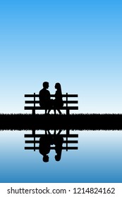 Lovers sitting on bench in park. Vector illustration with silhouette of loving couple. Blue pastel background