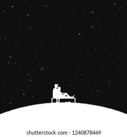 Lovers sitting on bench in park at night. Vector illustration with silhouette of loving couple under starry sky. Inverted black and white
