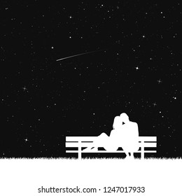 Lovers sitting on bench in park at night. Vector illustration with silhouette of loving couple under starry sky. Inverted black and white