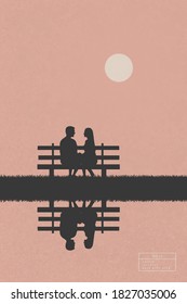 Lovers sitting on bench in park. Isolated silhouette of loving couple. White sun on peachy texture background. Abstract vector illustration for use in design, decor