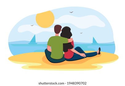 Lovers sitting on sand beach and admire the sunset. Colorful realistic topical resort seaside landscape. Flat cartoon vector illustration concept design. Simple art isolated on white background