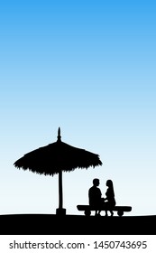 Lovers sitting on sand under straw umbrella. Vector illustration with silhouette of couple on beach. Family summer vacation. Blue pastel background