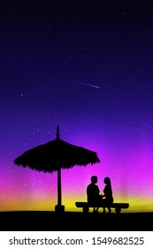 Lovers Sitting On Sand Under Straw Umbrella At Night. Vector Illustration With Silhouette Of Couple On Beach. Family Summer Vacation. Northern Lights In Starry Sky. Colorful Aurora Borealis