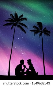 Lovers sitting on sand under palm trees at night. Vector illustration with silhouette of couple on beach. Family summer vacation. Northern lights in starry sky. Colorful aurora borealis