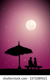 Lovers sitting on sand under straw umbrella on moonlit night. Vector illustration with silhouette of couple on beach. Family summer vacation. Full moon in starry sky