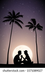 Lovers sitting on sand under palm trees on moonlit night. Vector illustration with silhouette of couple on beach. Family summer vacation. Full moon in starry sky