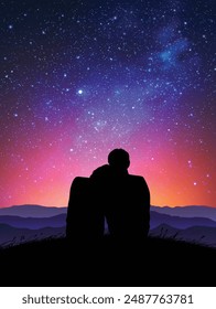 Lovers sitting on top of mountain. Honeymoon. Milky Way in night sky