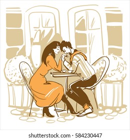 The lovers are sitting at a table in a cafe on the street. Linear drawing of a hand
