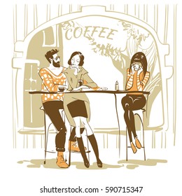 The lovers are sitting at a table in a cafe on the street. Linear drawing of a hand