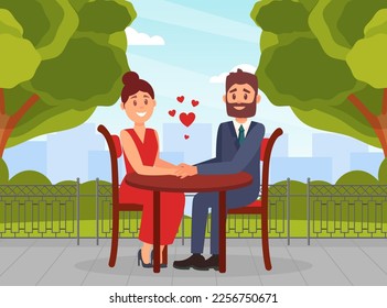 Lovers sitting sitting at table in park. Happy loving couple having date outdoors, red hearts flying over them cartoon vector