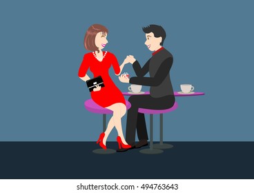 Lovers sitting together sharing a cup of coffee (engagement, or just a date, celebration at dinner time. proposing marriage.) Dating couple scene, love confession vector illustration,