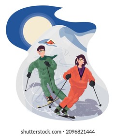 Lovers are skiing. Colorful detailed illustration with a young couple. 