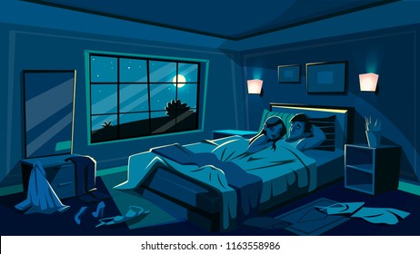 Lovers sleep in bed vector illustration of bedroom in night with scattered undressed clothes in passion hurry. Cartoon interior background with man and woman under blanket after sex