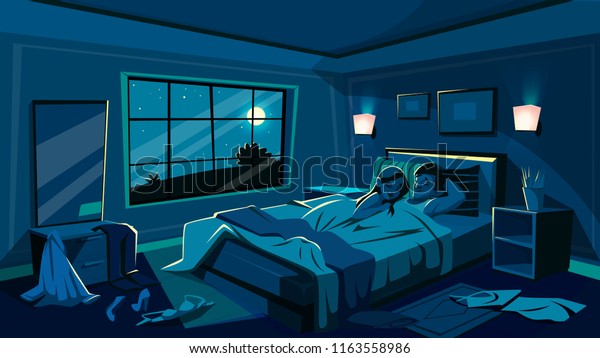 恋人たちは 寝室のベッドベクターイラストで寝ます 夜は散らばった脱衣服を慌てて慌てて寝ます 男女別の背景にマンガの内装 のベクター画像素材 ロイヤリティフリー