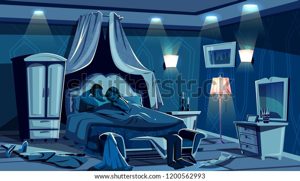 愛人たちは 寝室のベッドベクターイラストで寝ます 散らばった服を慌てて置きます ホテル やアパートの部屋の内部で性別後に毛布の下で抱き合う男女 のベクター画像素材 ロイヤリティフリー
