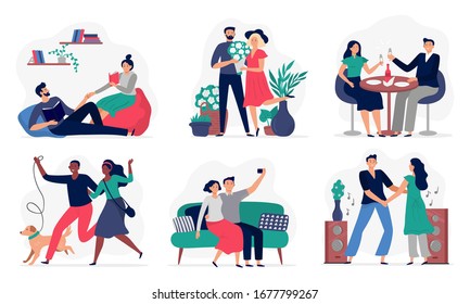 Lovers spend time together. Couples in love, happy people love each other and lifestyle vector illustration set. Woman and man together, love and relationship