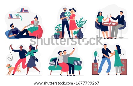 Lovers spend time together. Couples in love, happy people love each other and lifestyle vector illustration set. Woman and man together, love and relationship
