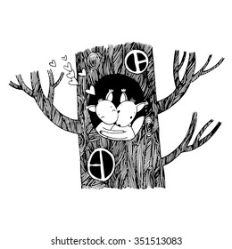 Lovers squirrel. Big beautiful tree. Winter. Hand drawing isolated objects on white background. Vector illustration. Coloring book. 