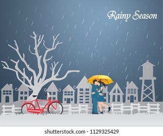 Lovers stand in the rainy season background,paper craft and illustration.