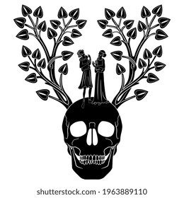 Lovers standing in death garden. Human skull with two trees covered with foliage as his horns and a couple between them. Black and white silhouette. Adam and Eve in the Garden of Eden. Human lot.
