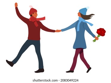 Lovers, strolling couple holding hands, the girl is holding flowers and the man is something enthusiastically says. Vector illustration