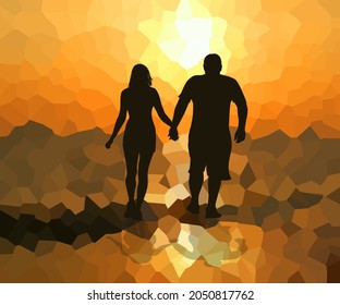 Lovers at sunset.. Happiness to be together. Vector illustration