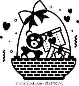 lovers surprise gift concept, Love Chocolate with Bow and Basket Vector Icon Design, Valentines Day Symbol, Love and Romance Sign, Friendship and Love sickness stock illustration