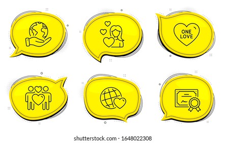 Lovers, Sweet heart. Diploma certificate, save planet chat bubbles. Love couple, Friends world and Love line icons set. Love set. Outline icons set. Vector