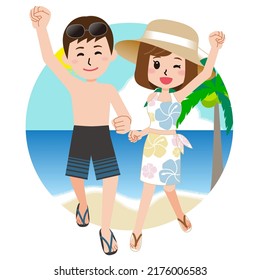 Lovers in swimsuits enjoying   the ocean,