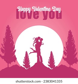 Lovers swinging on a swing illustration for valentines day with the text happy valentines day 
