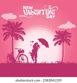 Lovers swinging on a swing illustration for valentines day with the text happy valentines day 
