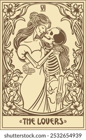 The lovers. Tarot card in art nouveau style. Skeletons hugging. Vector illustration.