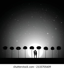 Lovers and trees at starry moonlight night. Loving couple outline