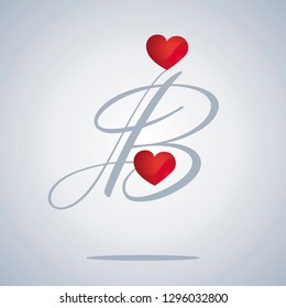 Lovers two hearts B Caps Valentines letter red grey background banner logo icon
