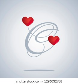 Lovers two hearts C Caps Valentines letter red grey background banner logo icon