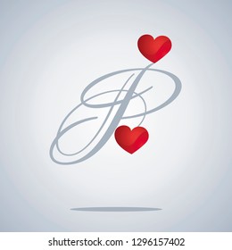 Lovers two hearts P Caps Valentines letter red grey background banner logo icon